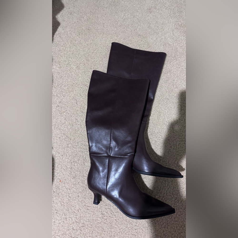 Women's Over-the-Knee Dark Brown Leather Boots with Kitten Heel